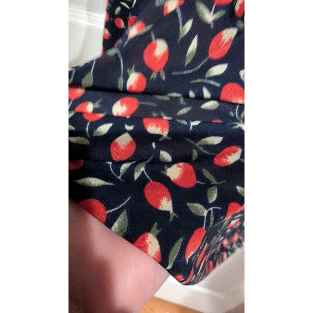 Floral Fruit Bud Print Navy‎ Maxi Skirt L/XL High Waisted Flowy Cotton Blend